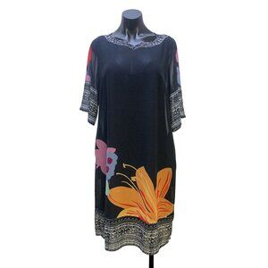Soft Surroundings Navy & Multicolored Print Shift Dress w/Slip, Size Medium